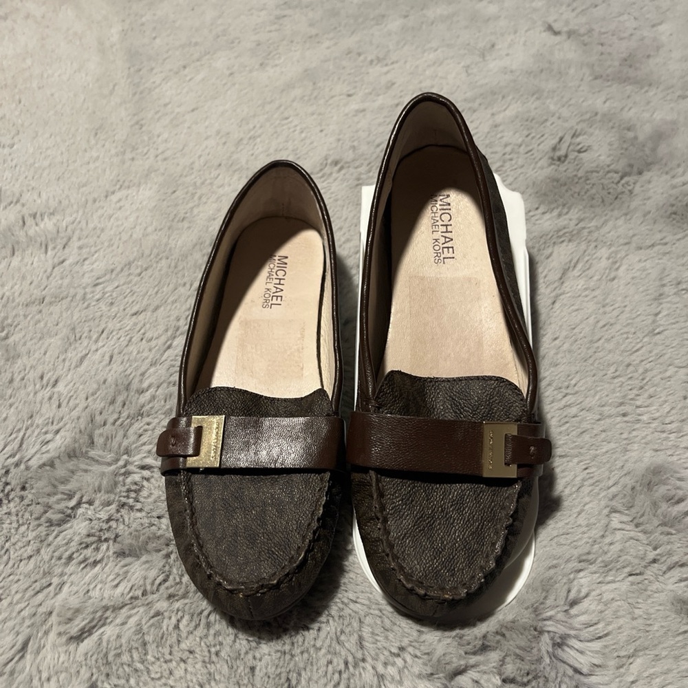 MICHAEL Michael Kors Dark Brown Leather & Fabric Penny Loafers